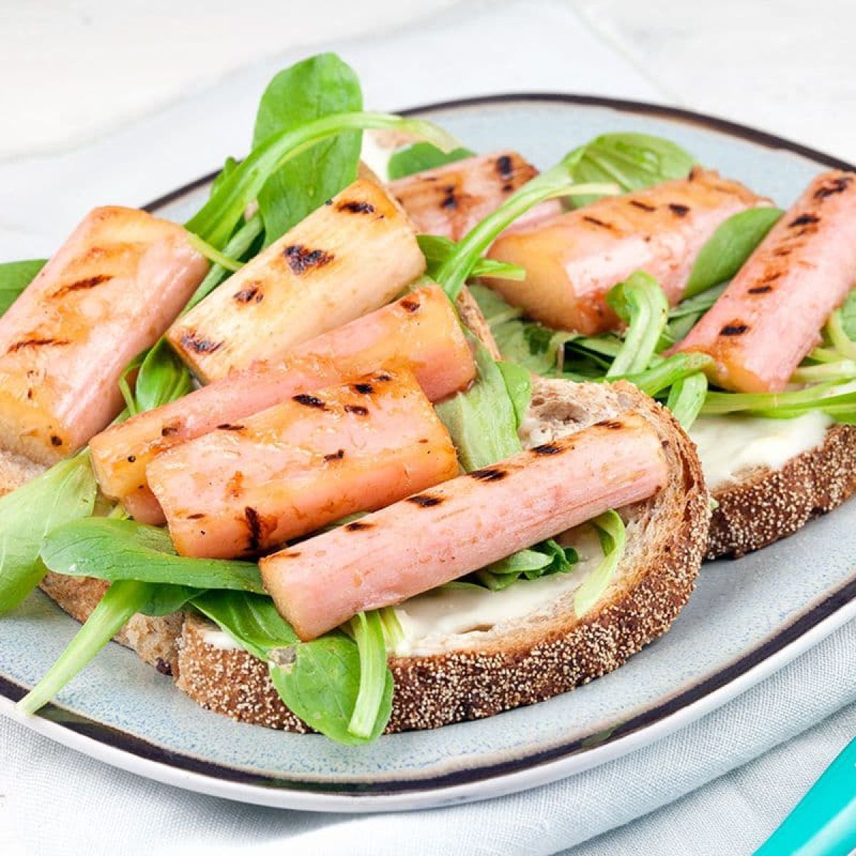 Sandwich met gegrilde rabarber en carre d'ambre