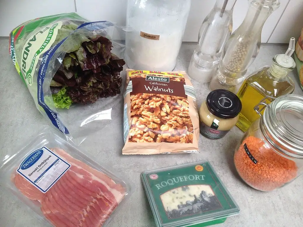 Herfstsalade met spek, linzen en kaas ingrediënten
