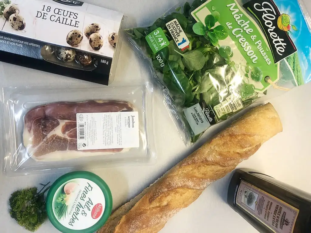 Bruschetta met ham en kwarteleitjes ingrediënten