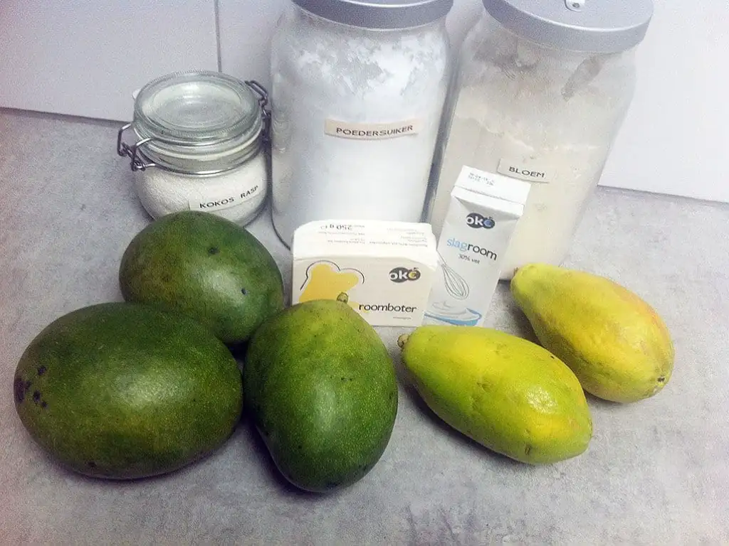 Mango papaya en kokosnoot taart ingrediënten