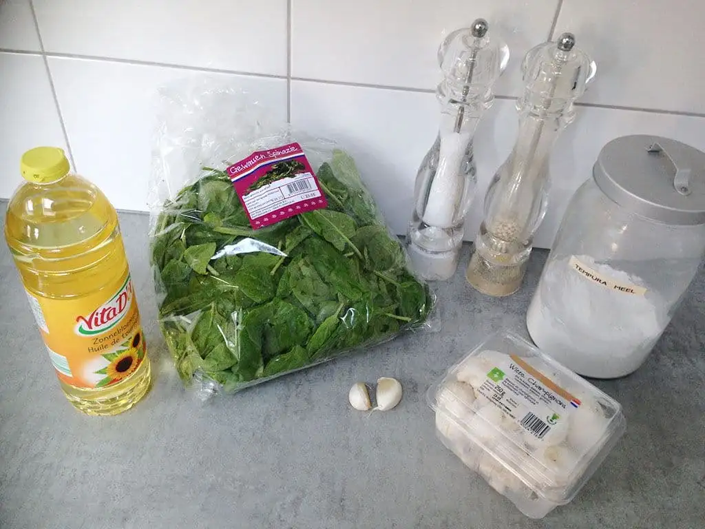 Tempura van champignons en spinazie ingrediënten