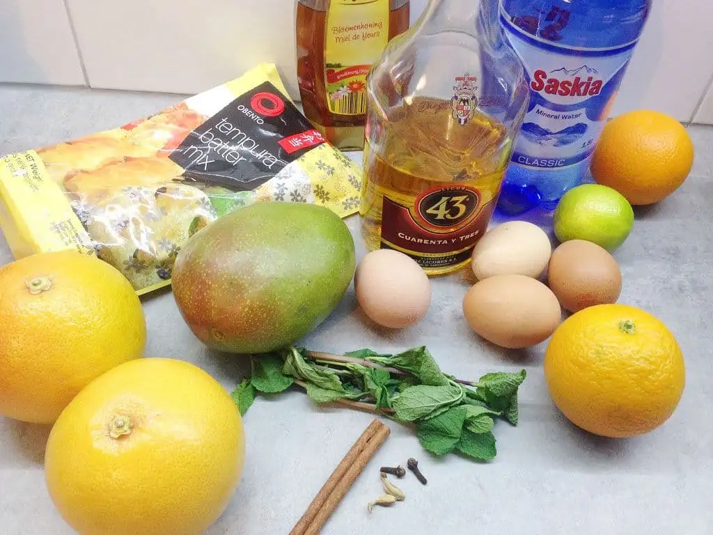 Mango tempura met citrus sabayon ingrediënten