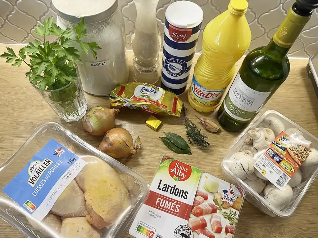 Coq au vin blanc ingrediënten