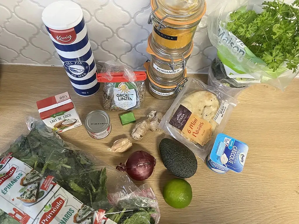 Linzencurry met spinazie ingrediënten