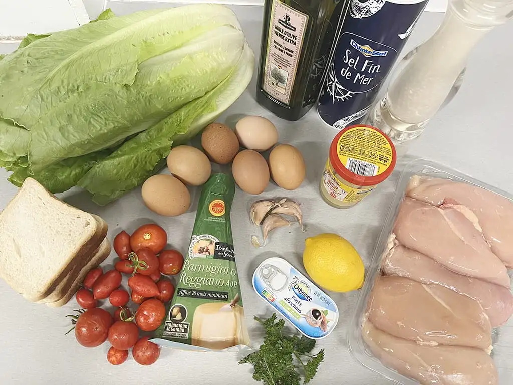 Caesar salade met kip ingrediënten