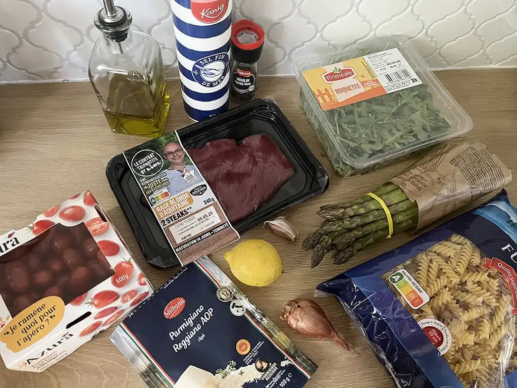 Pasta met biefstuk en groene asperges ingrediënten