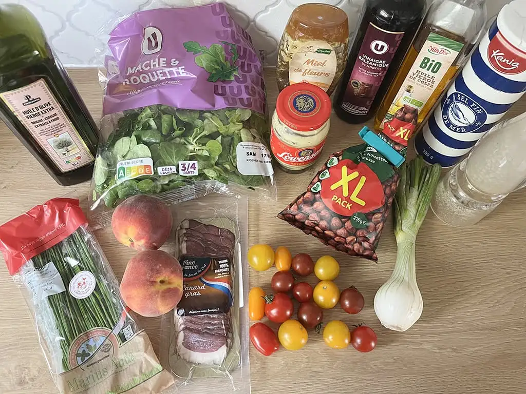 Gerookte eendenborst salade met perzik ingrediënten