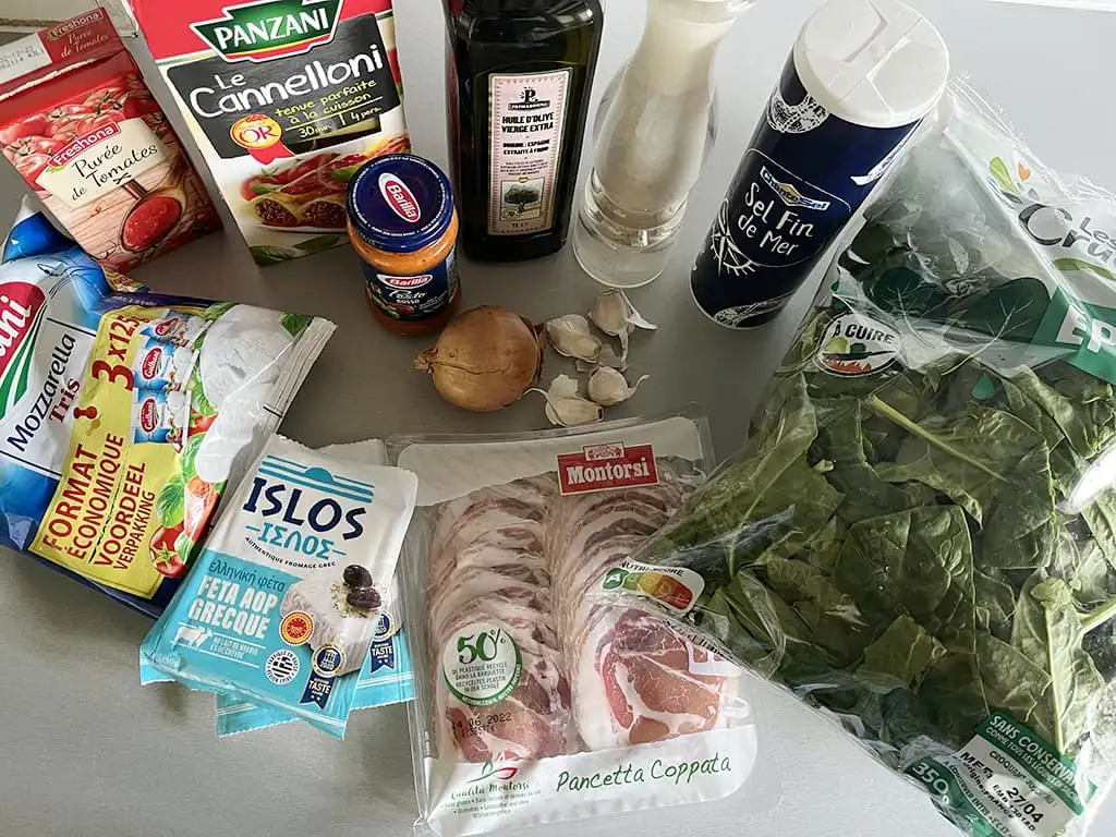 Cannelloni met spinazie en feta ingrediënten