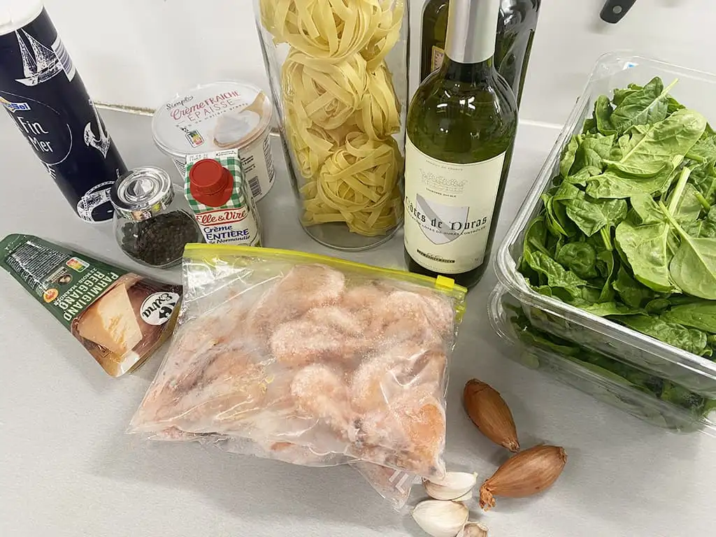 Pasta met garnalen en spinazie ingrediënten