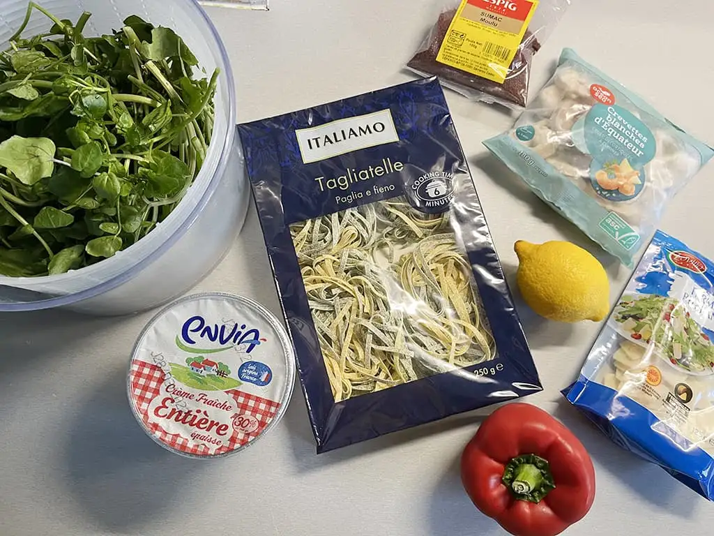 Pasta met waterkers en garnalen ingrediënten