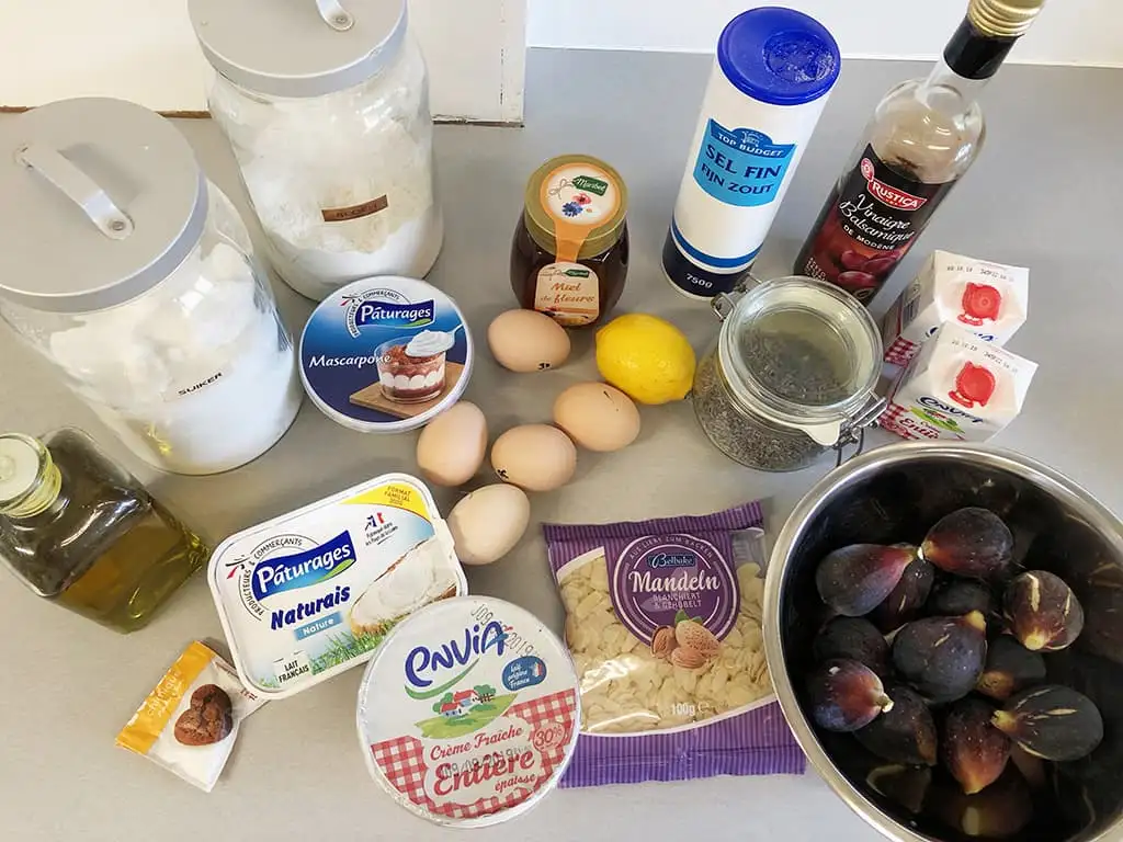 Olijfoliecake met mascarpone en vijgen ingrediënten