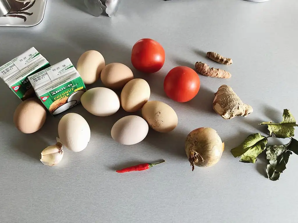 Kruidige eiercurry met verse kurkuma ingrediënten