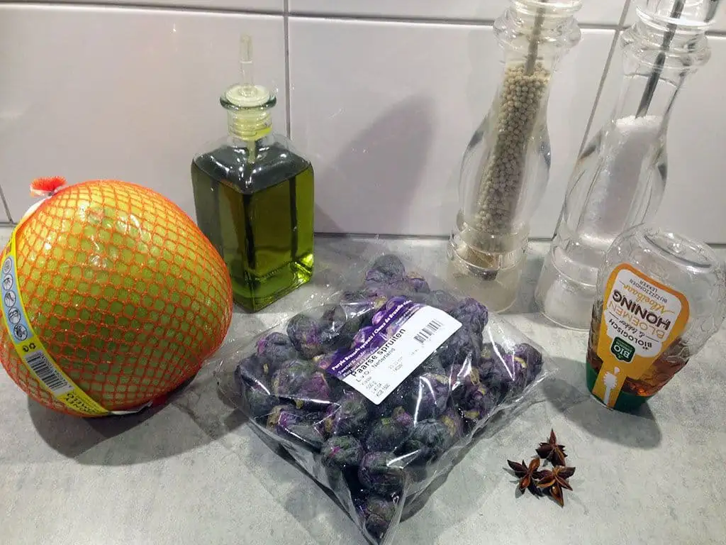 Paarse spruitjes met pomelo uit de oven ingrediënten