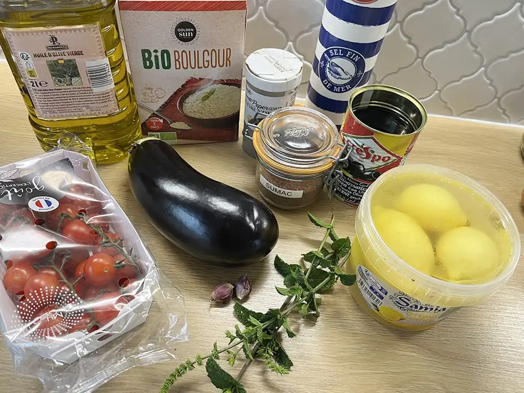 Bulgur met aubergine en ingelegde citroen ingrediënten