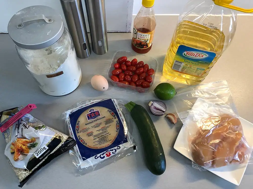 Papadums met courgette en krokante kip ingrediënten
