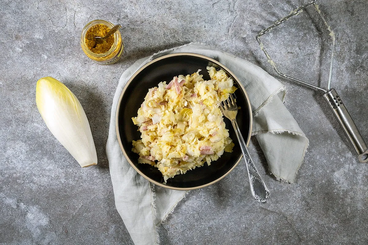 Witlof stamppot met ham en kaas