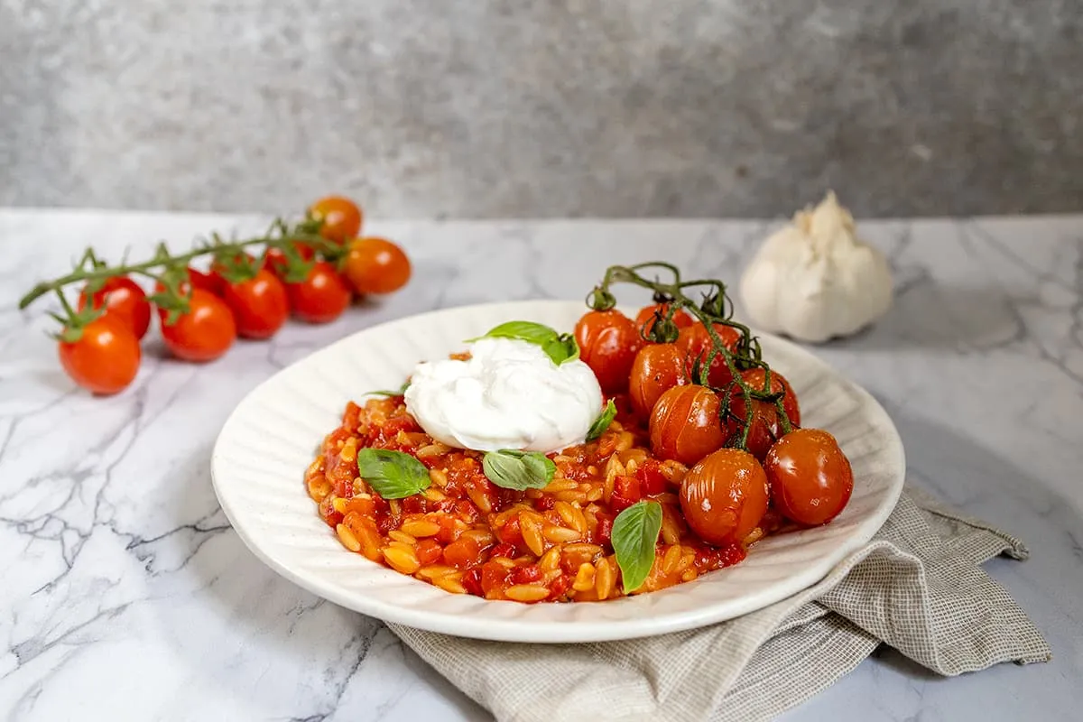 Paprika orzo met burrata - romige orzo met kruiden