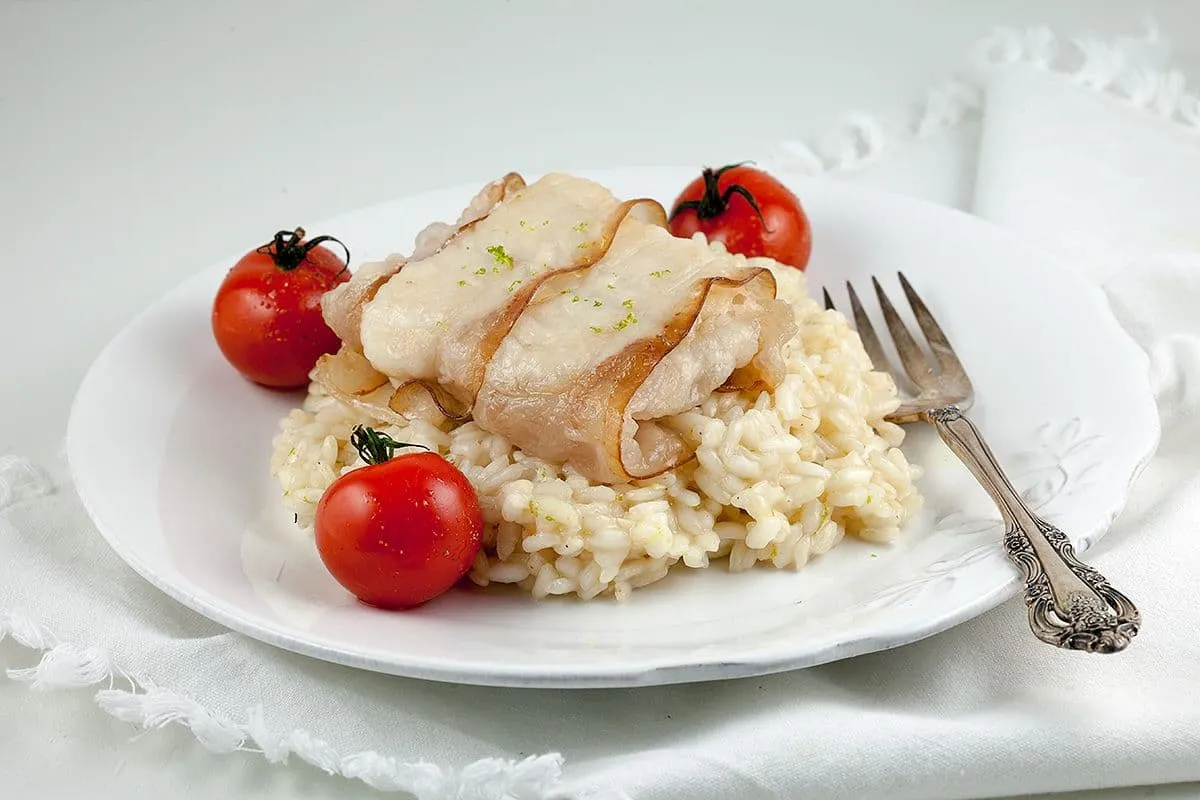 Limoen risotto en kabeljauw met spek
