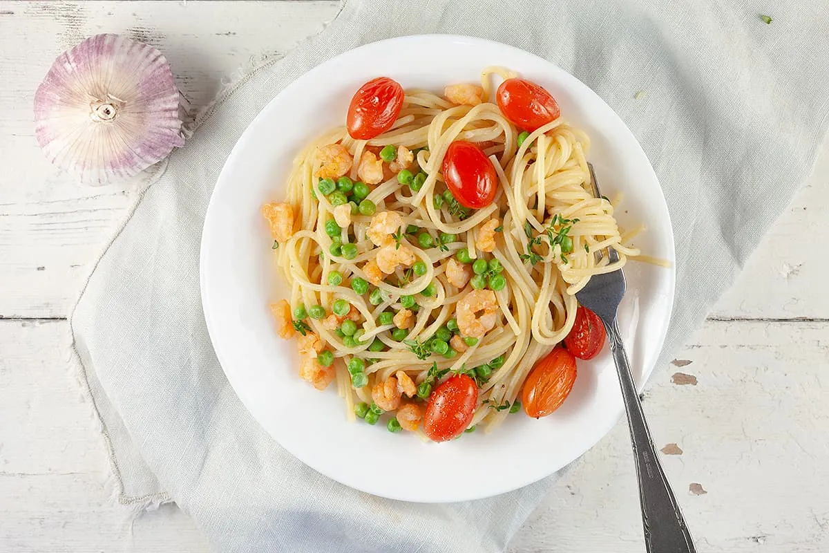 Spaghetti met garnalen en erwten - snel doordeweeks recept