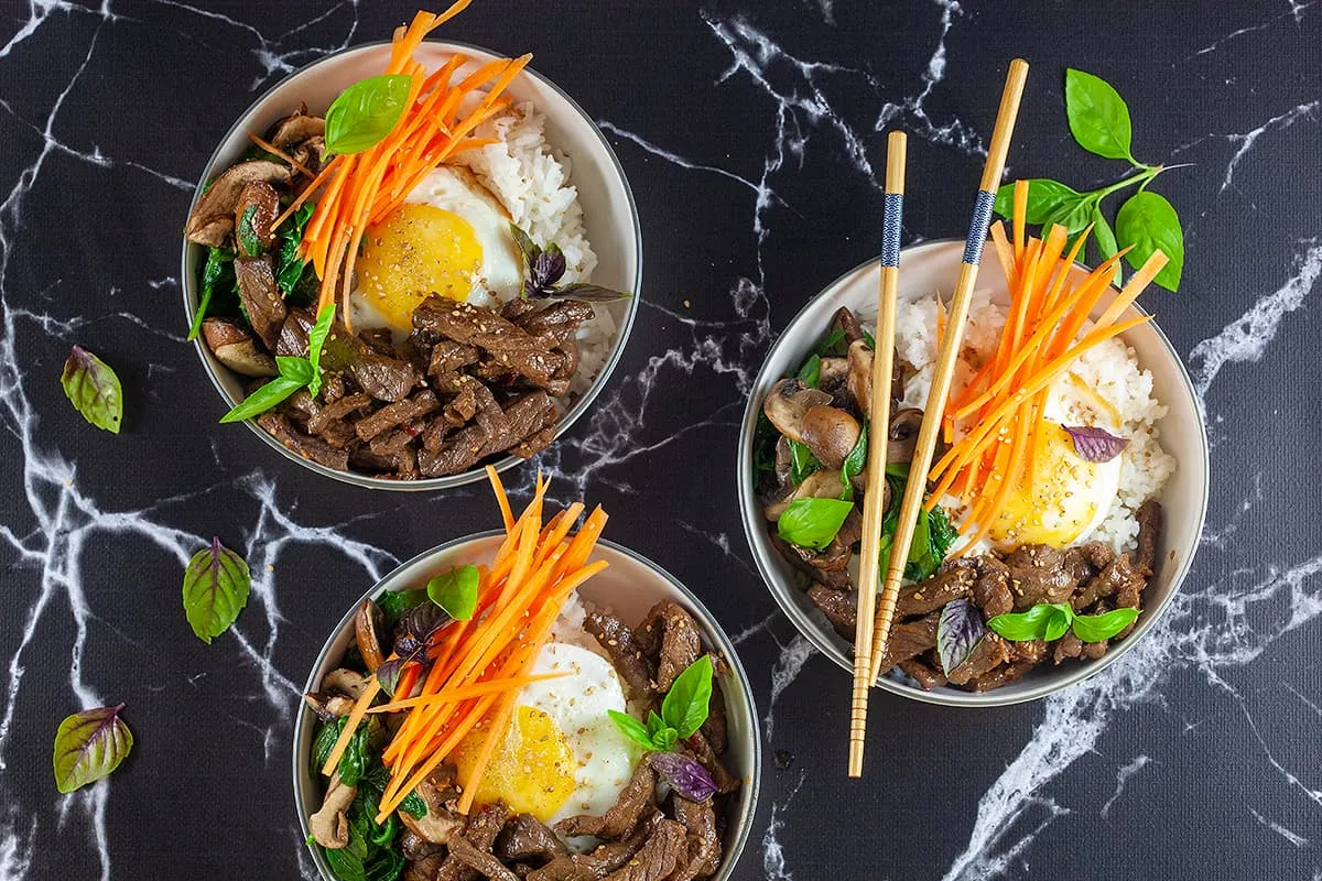 Bibimbap met biefstuk (comfort food)