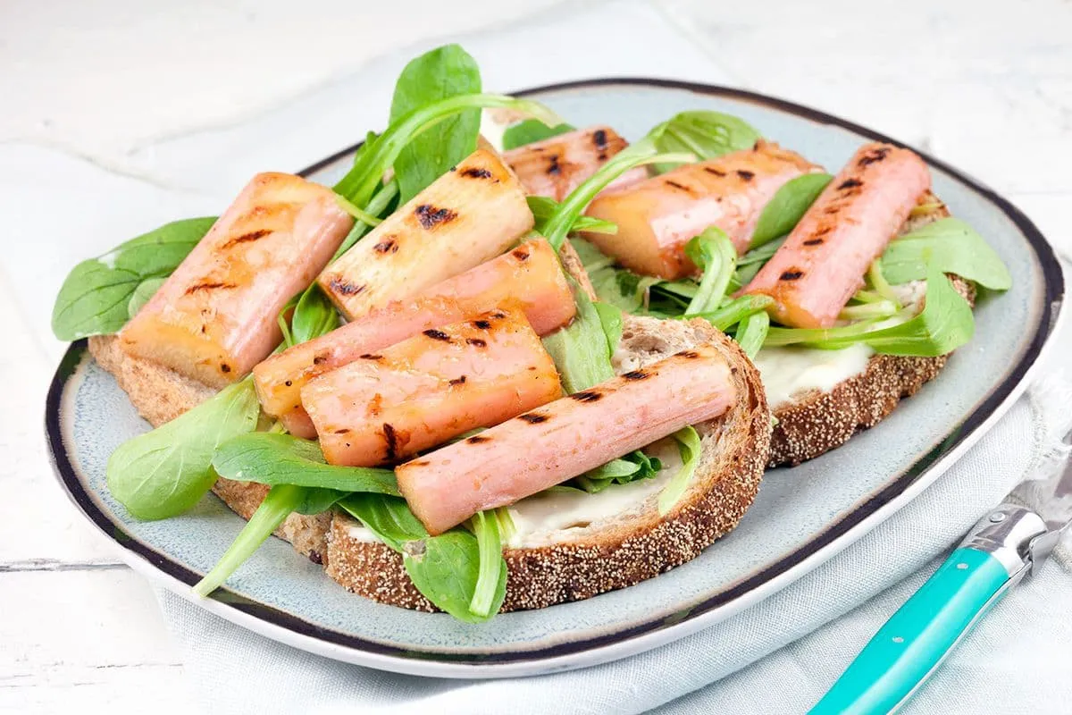 Sandwich met gegrilde rabarber en carre d'ambre