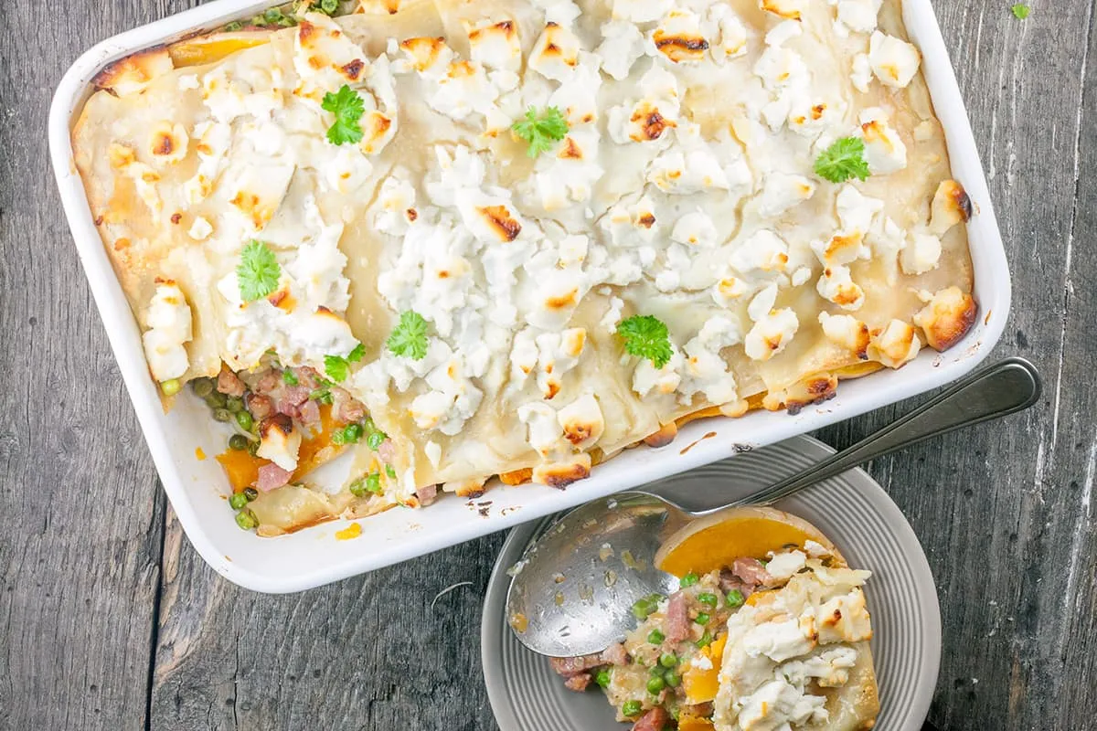 Pompoenlasagne met erwtjes