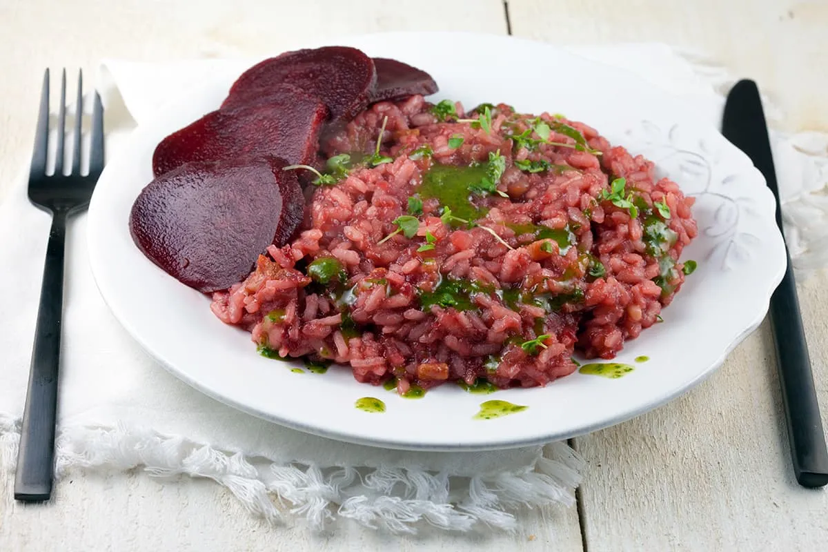 Rode bieten risotto met buikspek