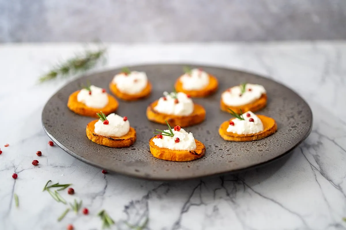 Zoete aardappel en feta hapjes - lekker met rozemarijn