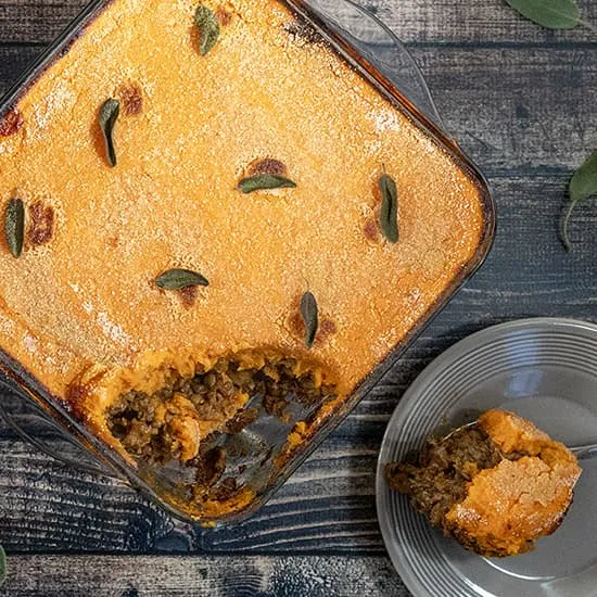 Ovenschotel met gehakt en zoete aardappelpuree