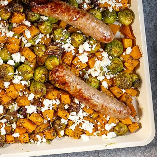 Recept: Traybake met spruitjes en pompoen