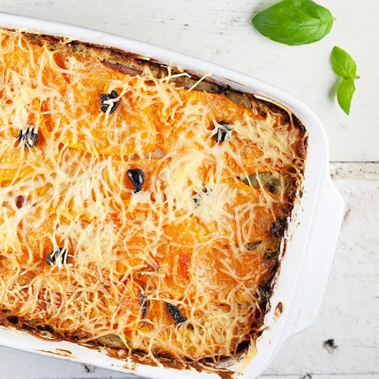 Pompoenlasagne met ham en pesto
