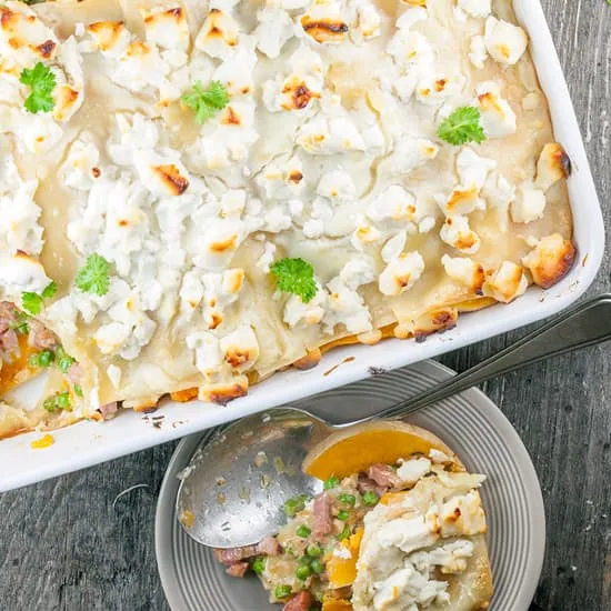 Pompoenlasagne met erwtjes