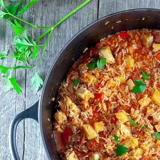 Jambalaya met chorizo en kip