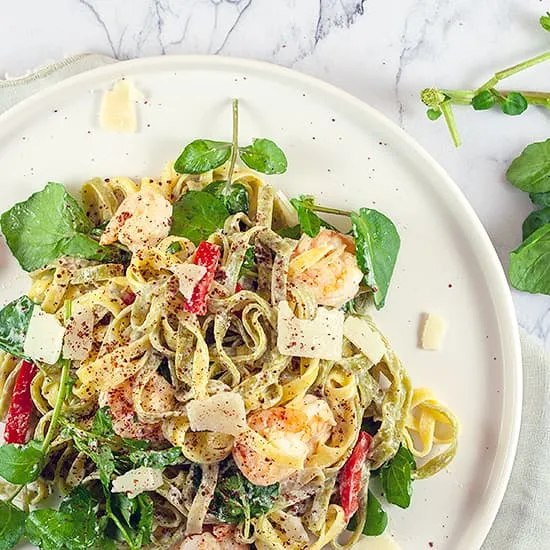 Recept: Pasta met waterkers en garnalen