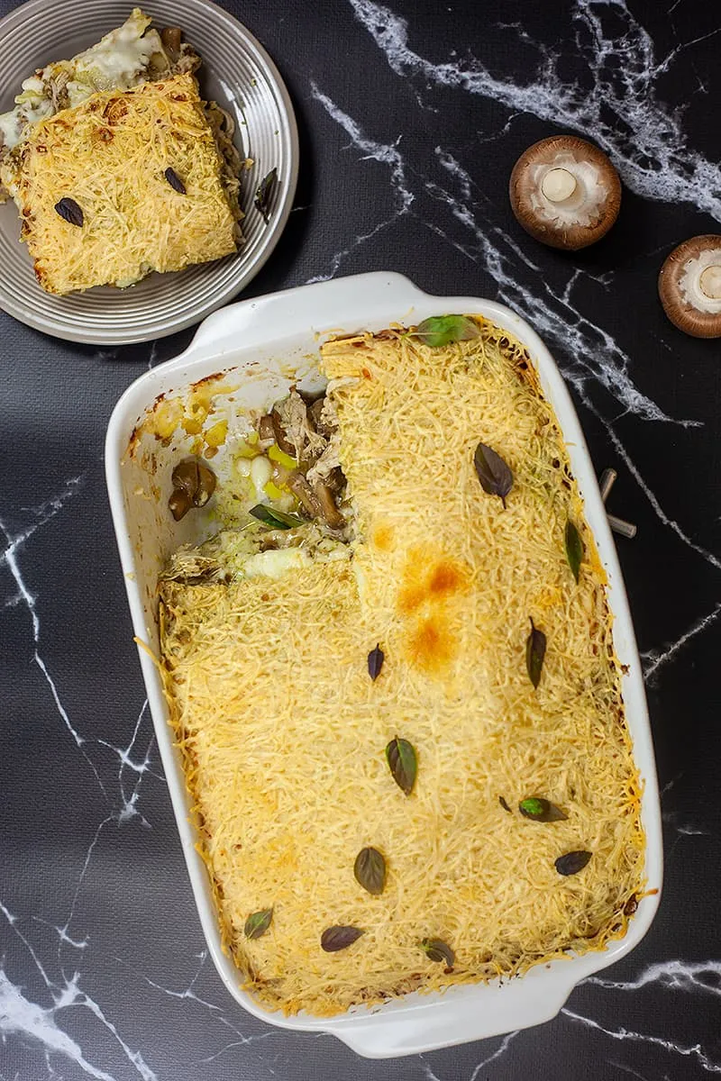 Champignon lasagne met kip pesto