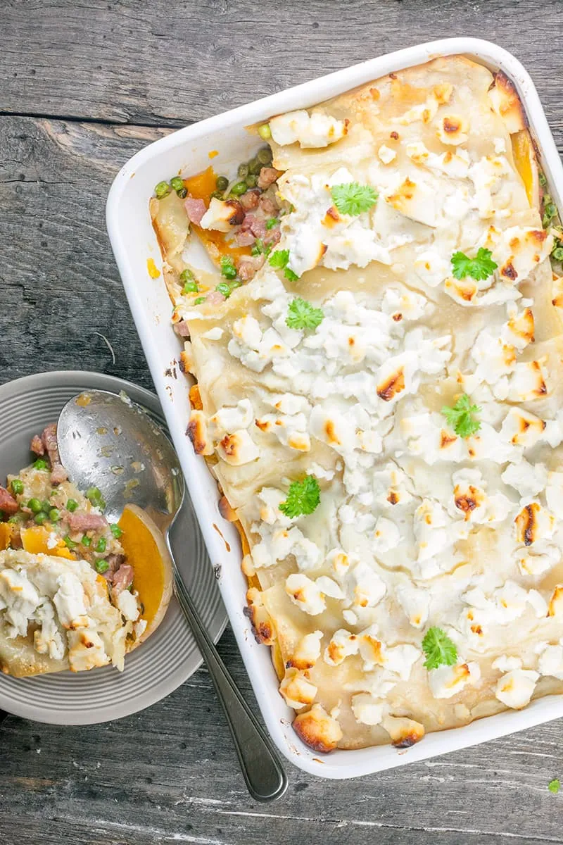 Pompoenlasagne met erwtjes